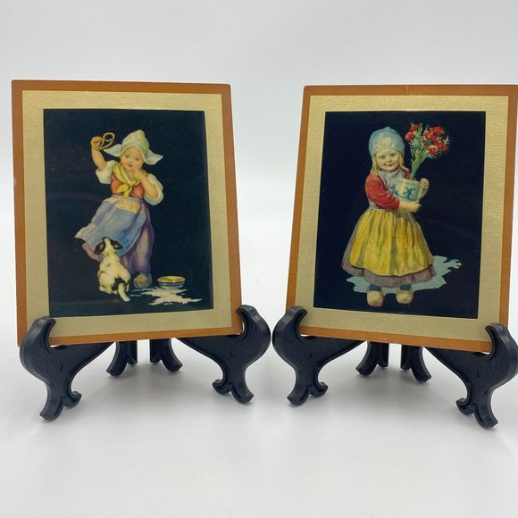 2 Small Antique Wooden Frame Swiss Girls Child Pretzel Jack Russell Terrier Dog - Picture 9 of 9